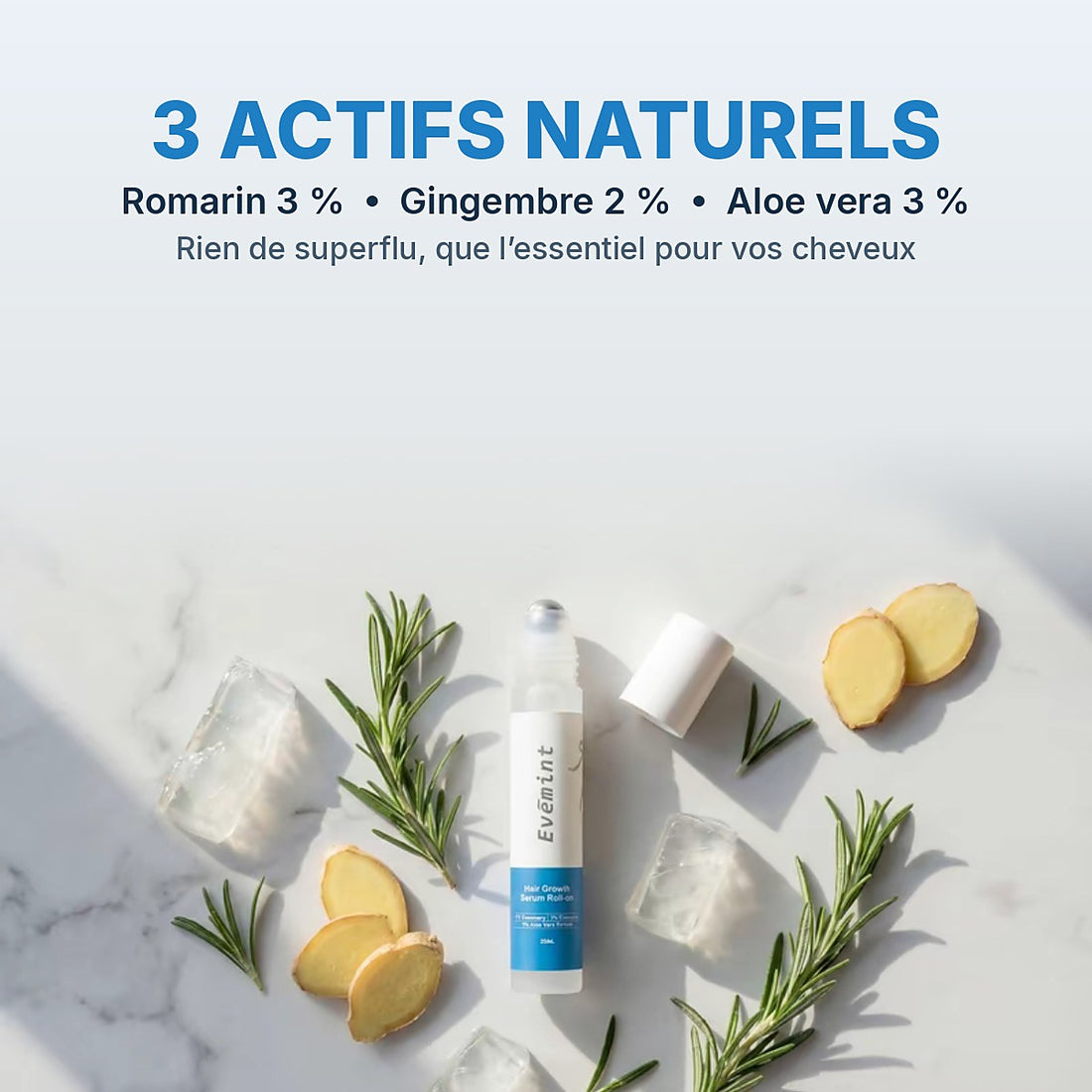 3 actifs naturels : romarin, gingembre, aloe vera