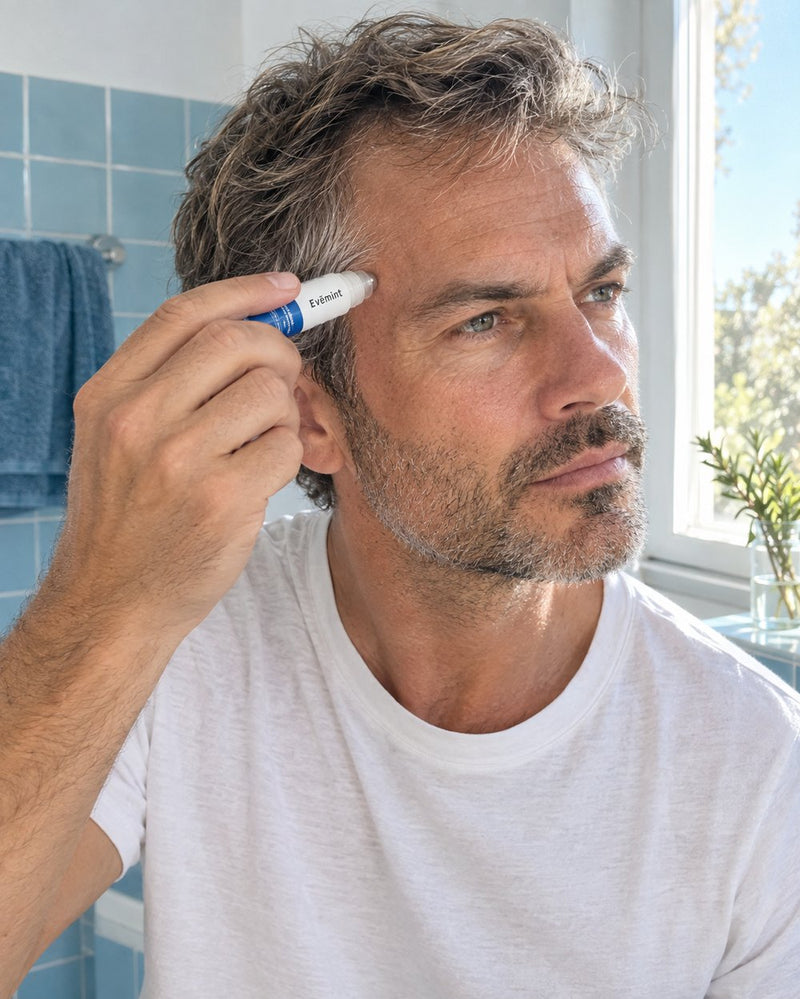 Homme appliquant le roll-on Evēmint sur ses tempes