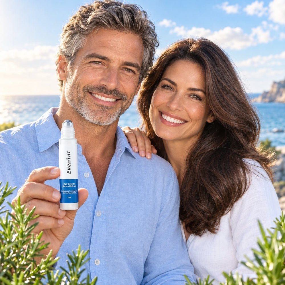 Couple tenant le sérum roll-on Evēmint au bord de la mer
